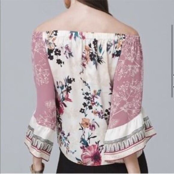 White House Black Market Floral Bell Sleeve Off Shoulder Satin Blouse - Picture 2 of 5